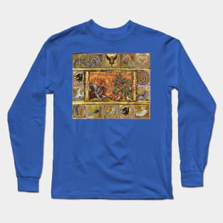 MEDIEVAL BESTIARY,RED DRAGON ,TREE OF LIFE AND BIRDS ,FANTASTIC ANIMALS IN GOLD RED BLUE COLORS Long Sleeve T-Shirt